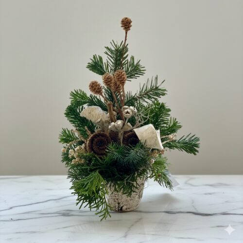 Birkentopf mit Konifeere gesteckt und auf Marmorplatte präsentiert