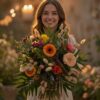 bunter Blumenstrauß mit glücklicher Frau