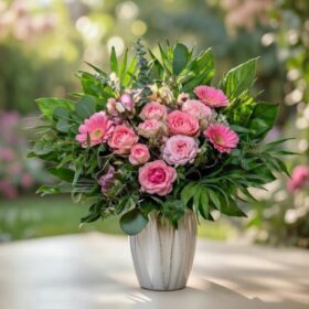 Flieder pink rosa farbender Strauß auf Gartentisch