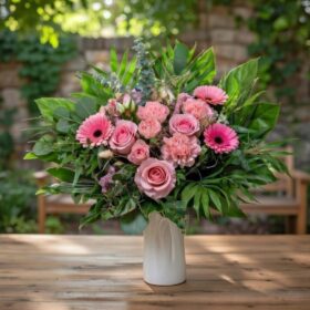 Flieder pink rosa farbender Strauß Vor Gartenbank